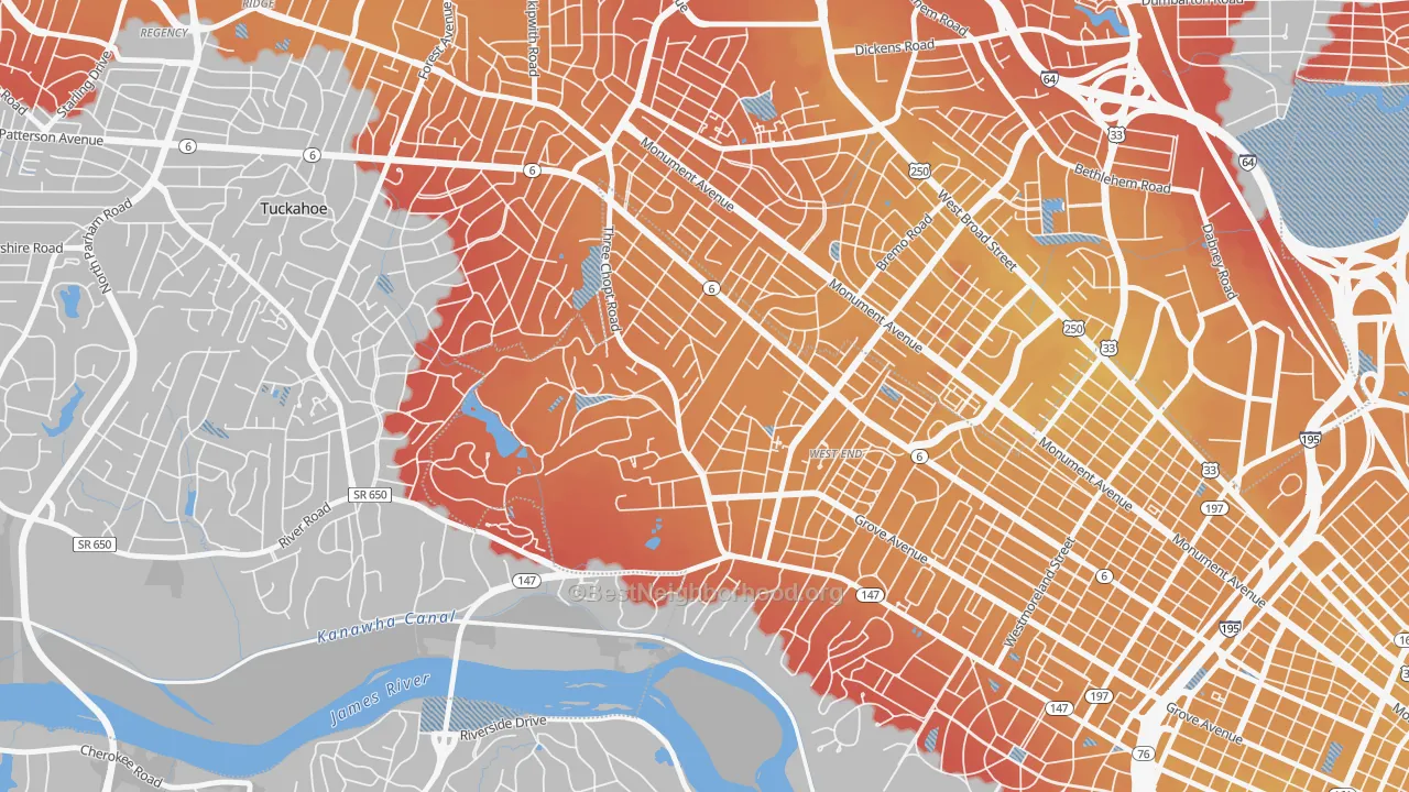 Transit Grade map of Three Chopt, Richmond, VA