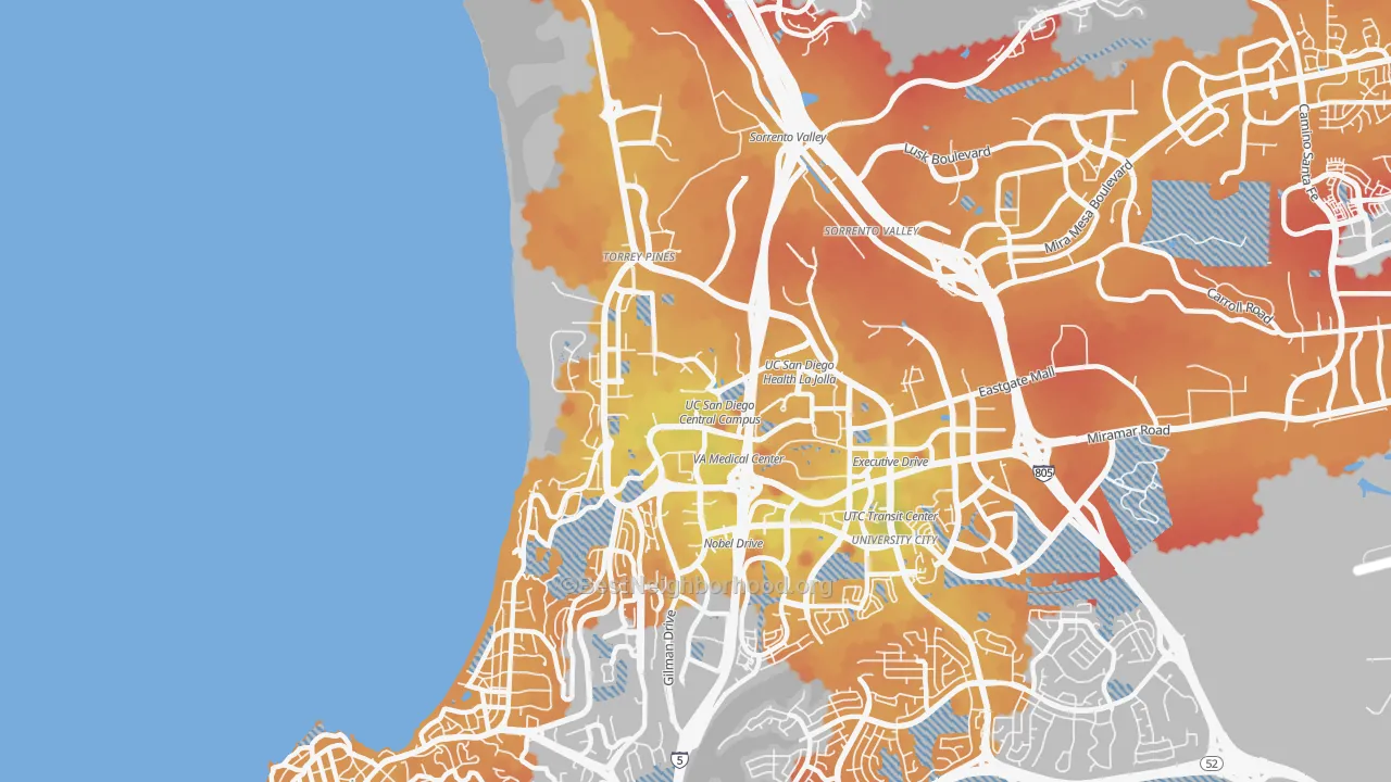 Transit Grade map of Torrey Pines, San Diego, CA