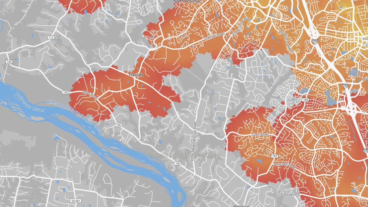 Transit Grade map of Travilah, MD