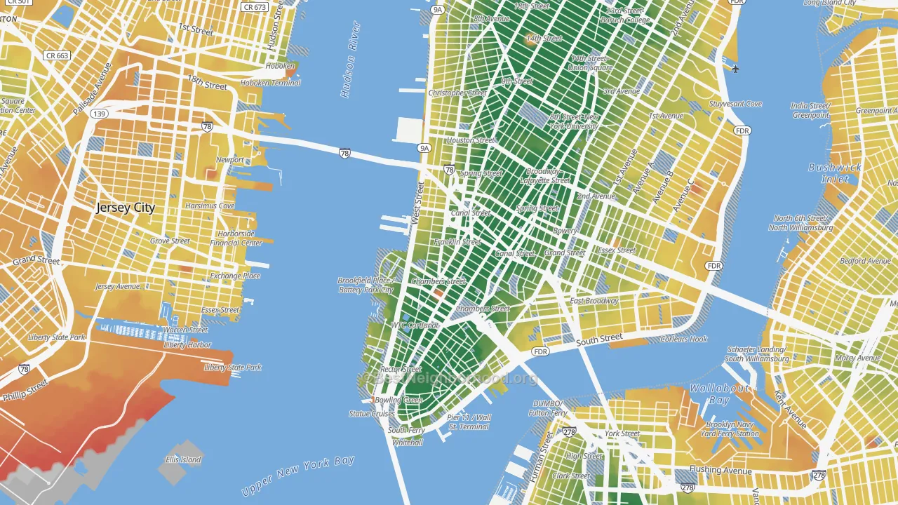 Transit Grade map of Tribeca, Manhattan, NY