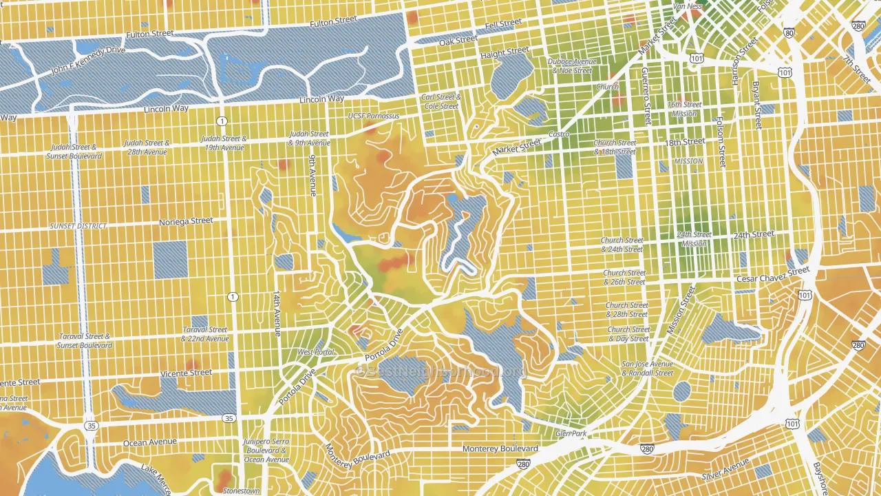 Transit Grade map of Twin Peaks, San Francisco, CA