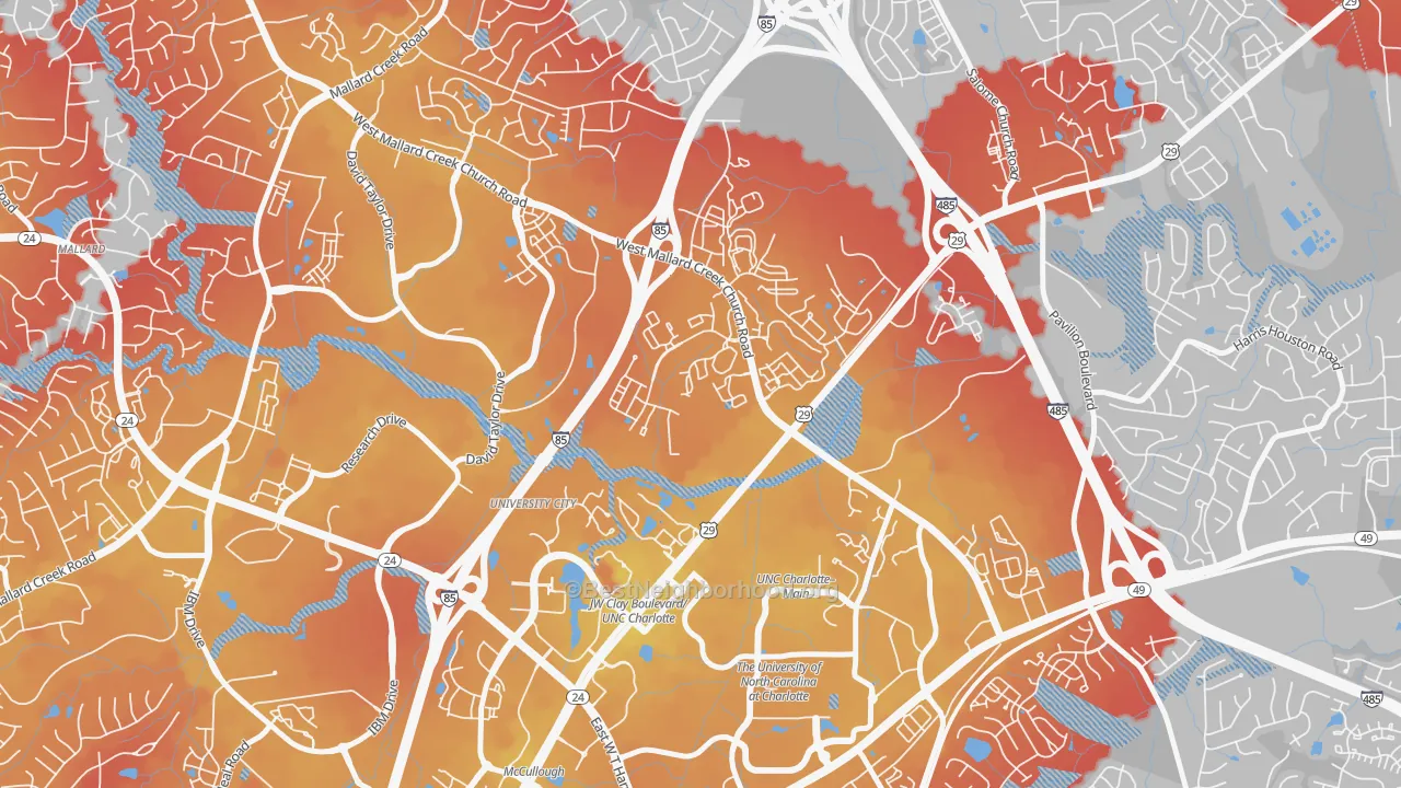 Transit Grade map of University City North, Charlotte, NC