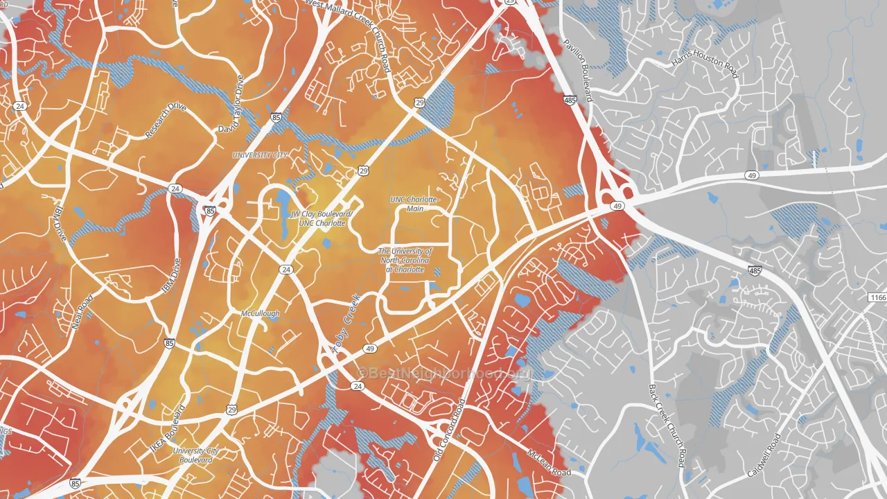 Transit Grade map of University City South, Charlotte, NC