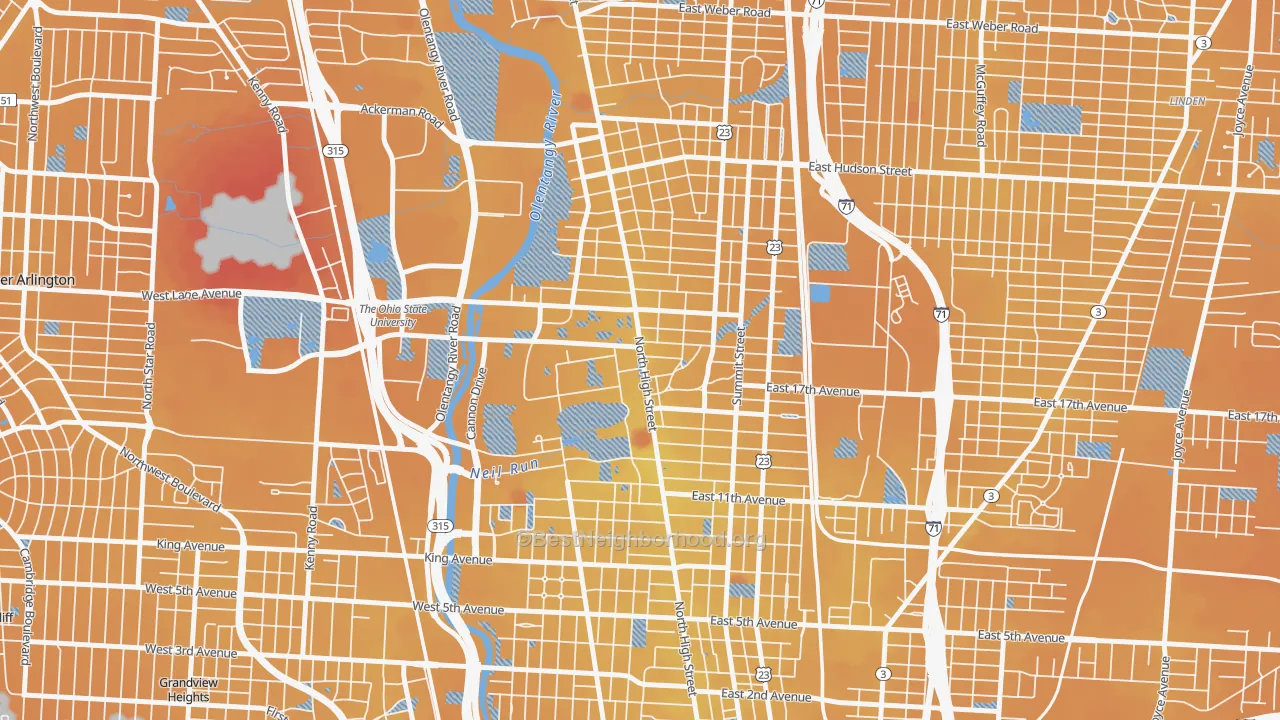 Transit Grade map of University, Columbus, OH