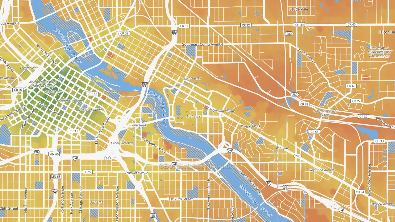Transit Grade map of University District, Minneapolis, MN