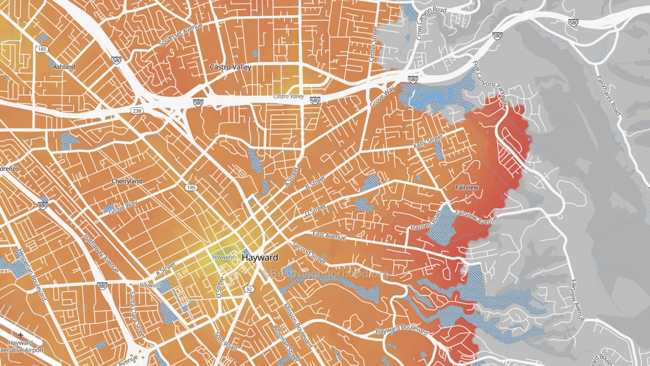 Transit Grade map of Upper B Street, Hayward, CA