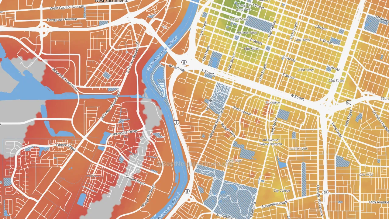 Transit Grade map of Upper Land Park, Sacramento, CA