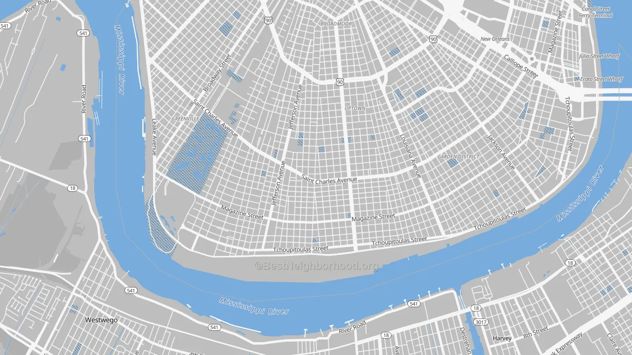 Transit Grade map of Uptown, New Orleans, LA