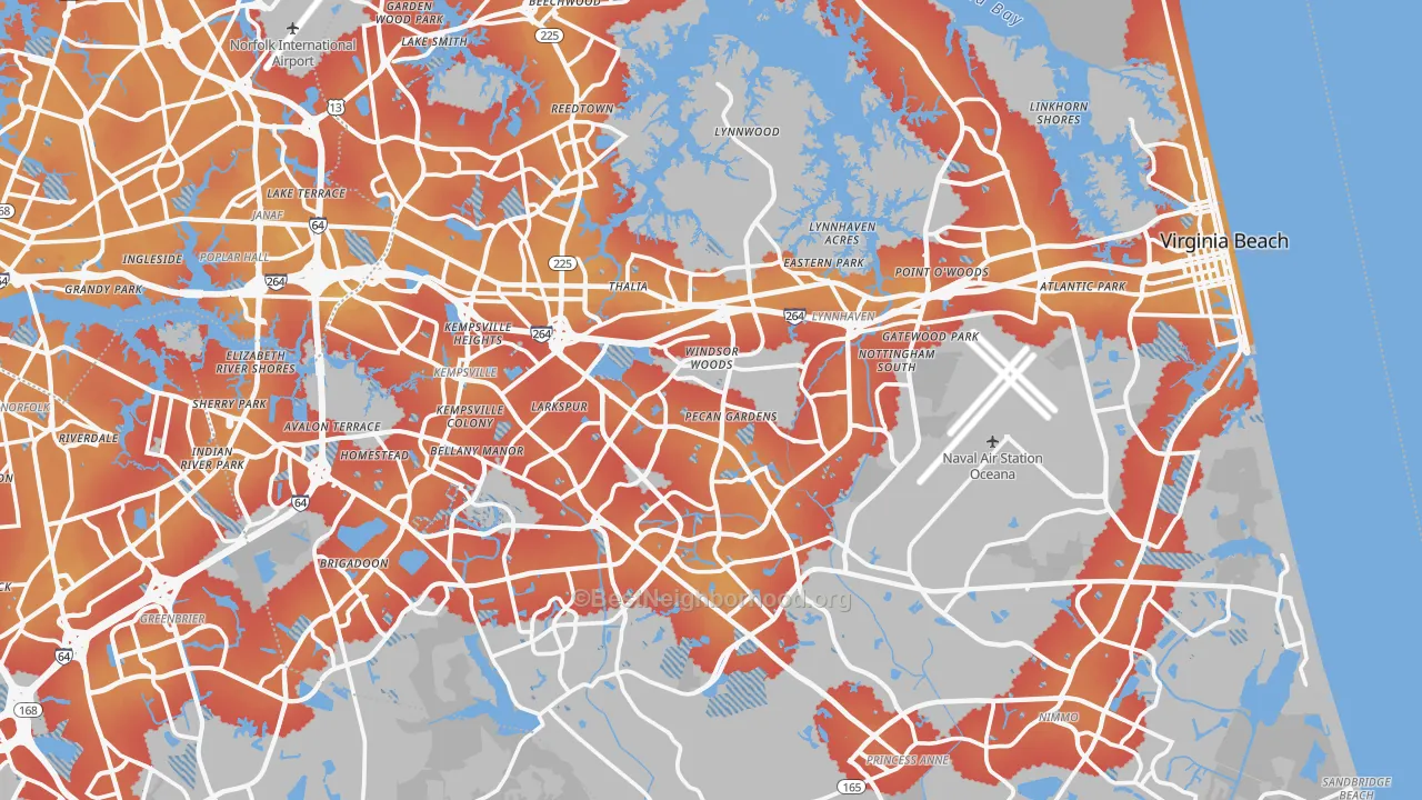 Transit Grade map of Virginia Beach City, VA