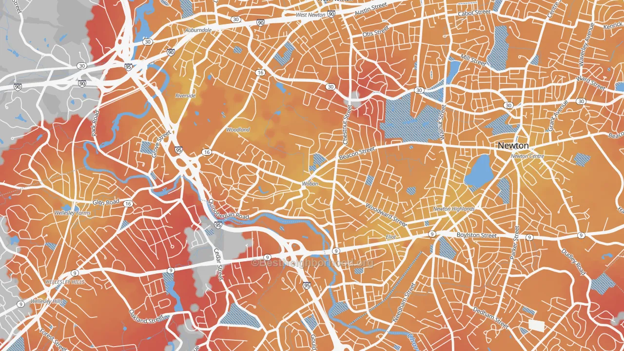 Transit Grade map of Waban, MA