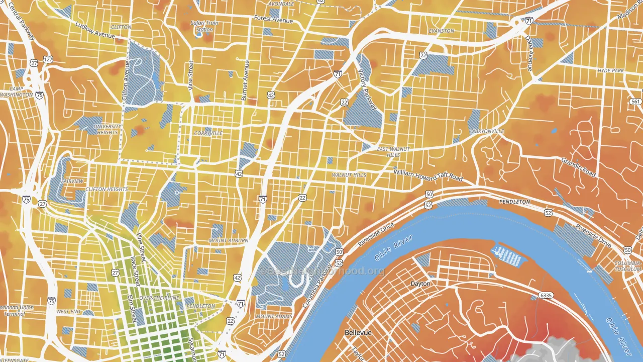 Transit Grade map of Walnut Hills, Cincinnati, OH