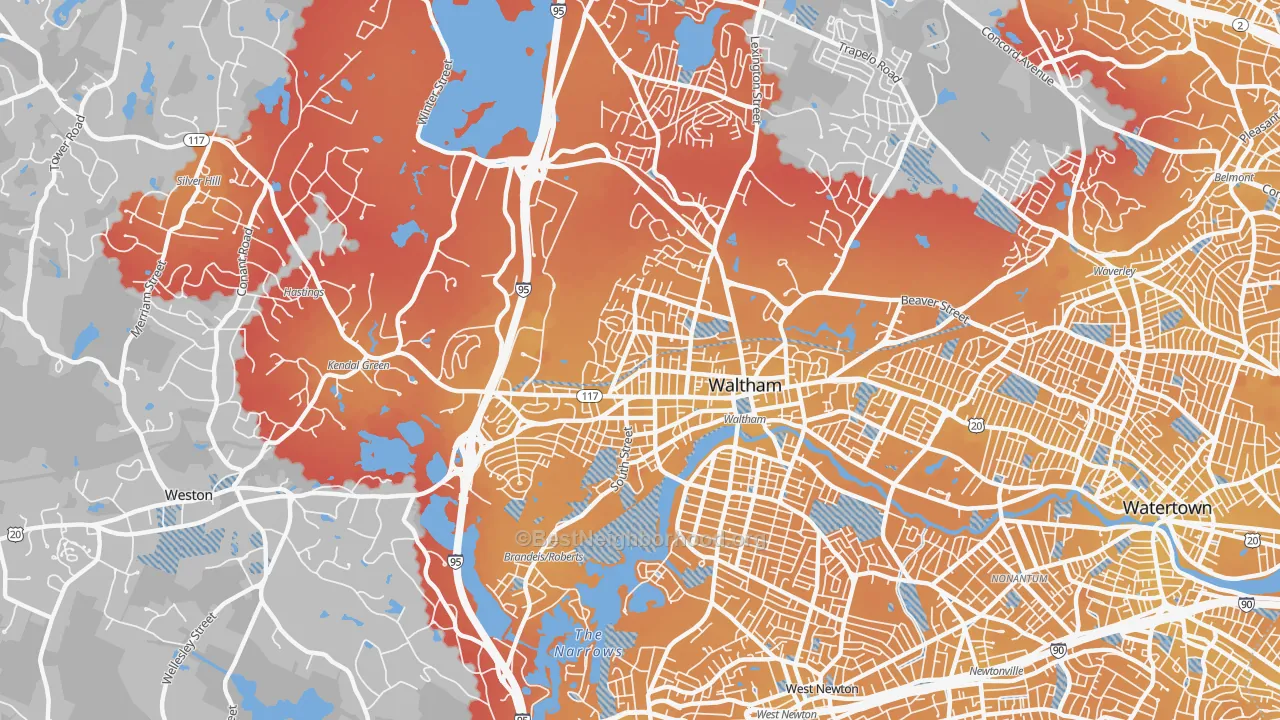 Transit Grade map of Waltham Highlands, Waltham, MA