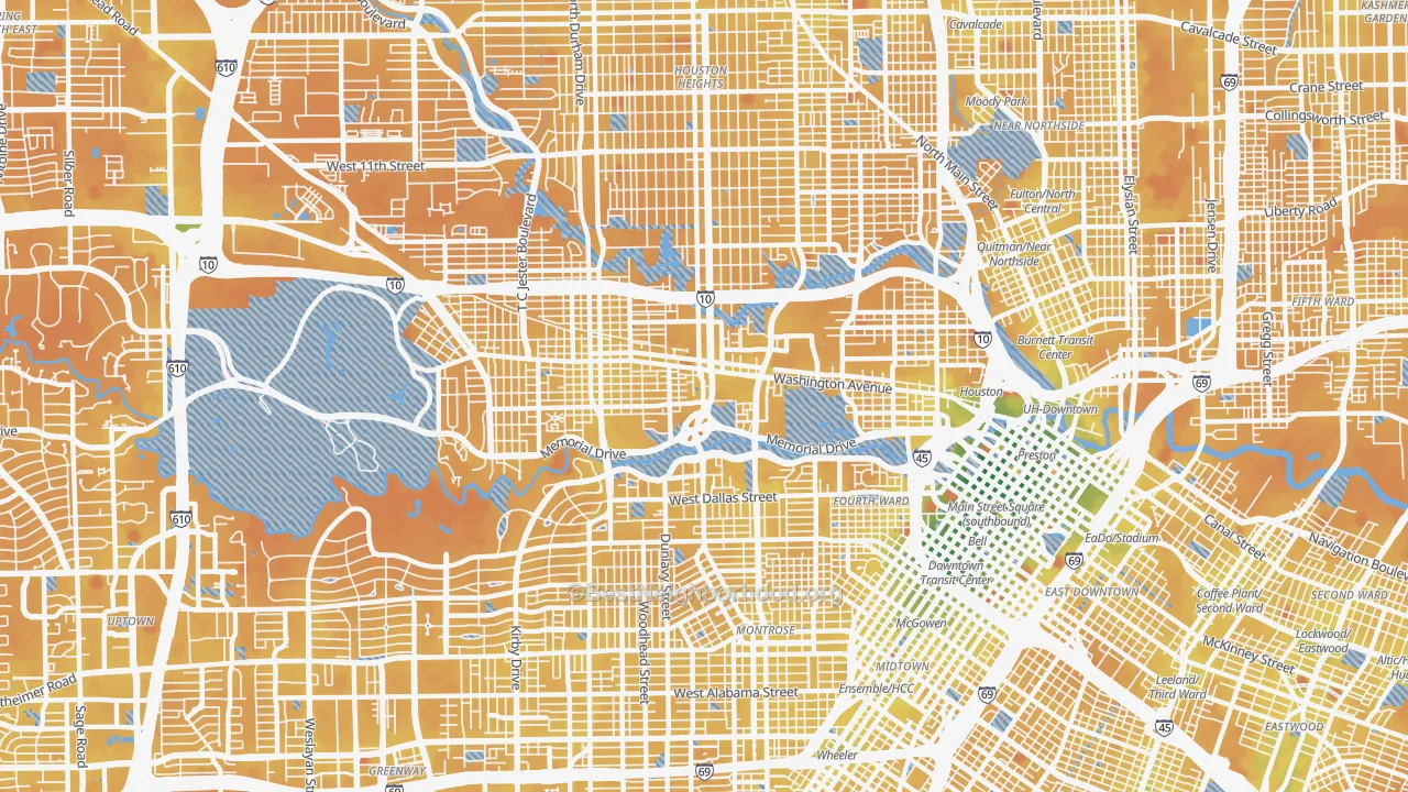 Transit Grade map of Washington Avenue-Memorial Park, Houston, TX