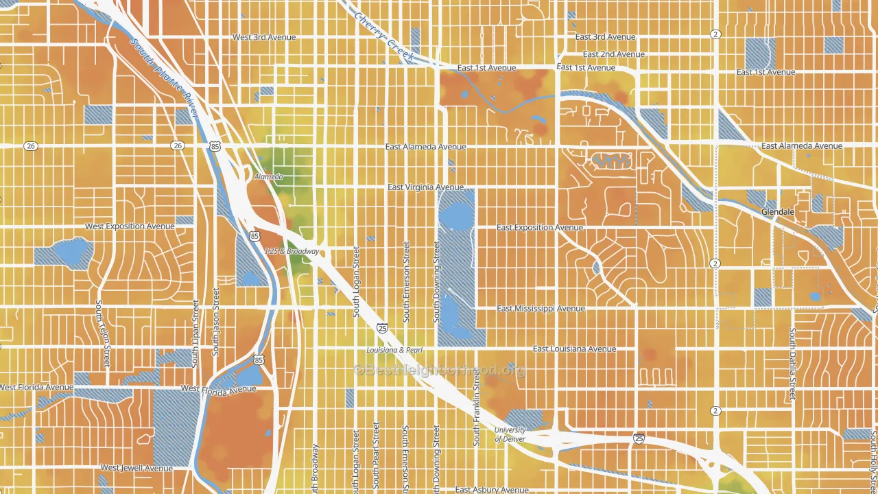 Transit Grade map of Washington Park, Denver, CO