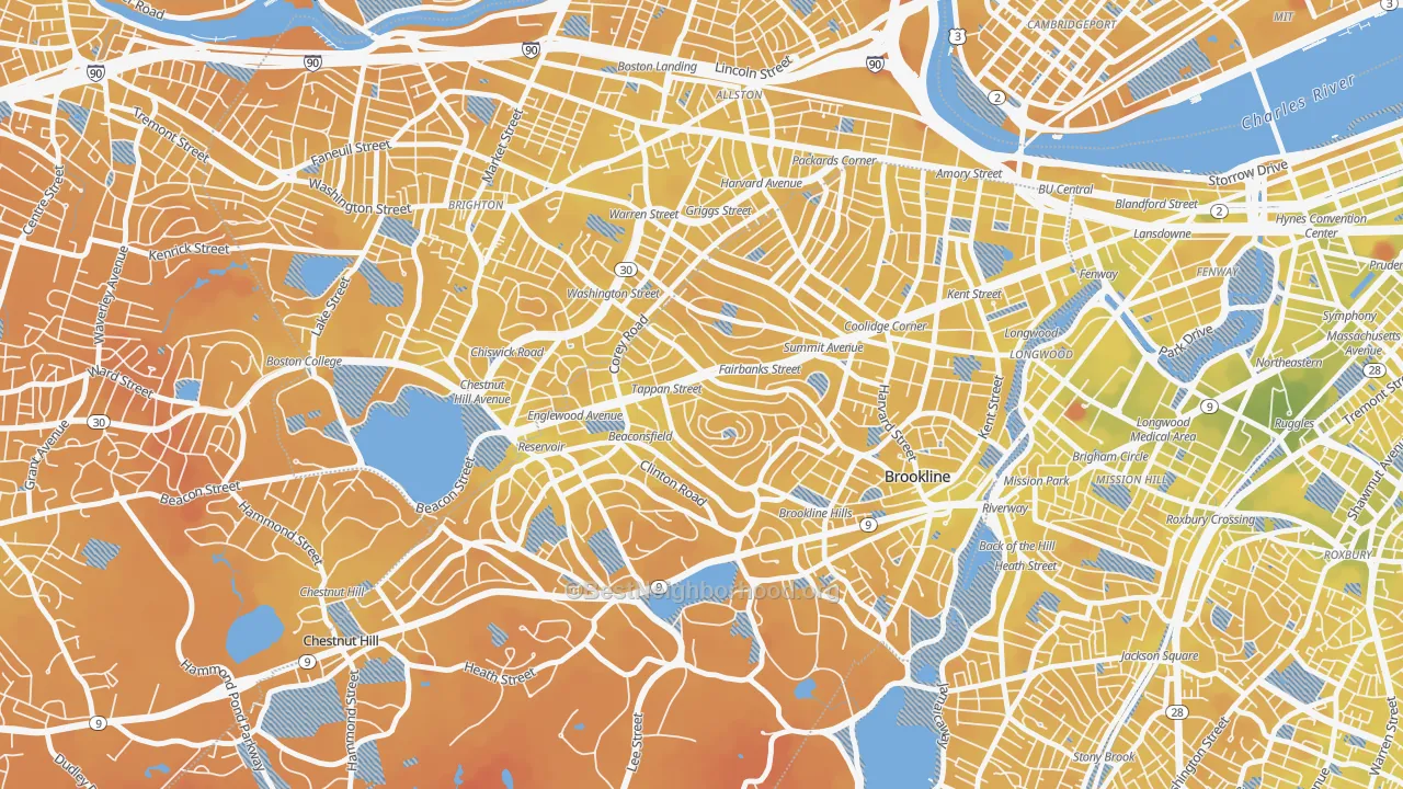 Transit Grade map of Washington Square, Brookline, MA