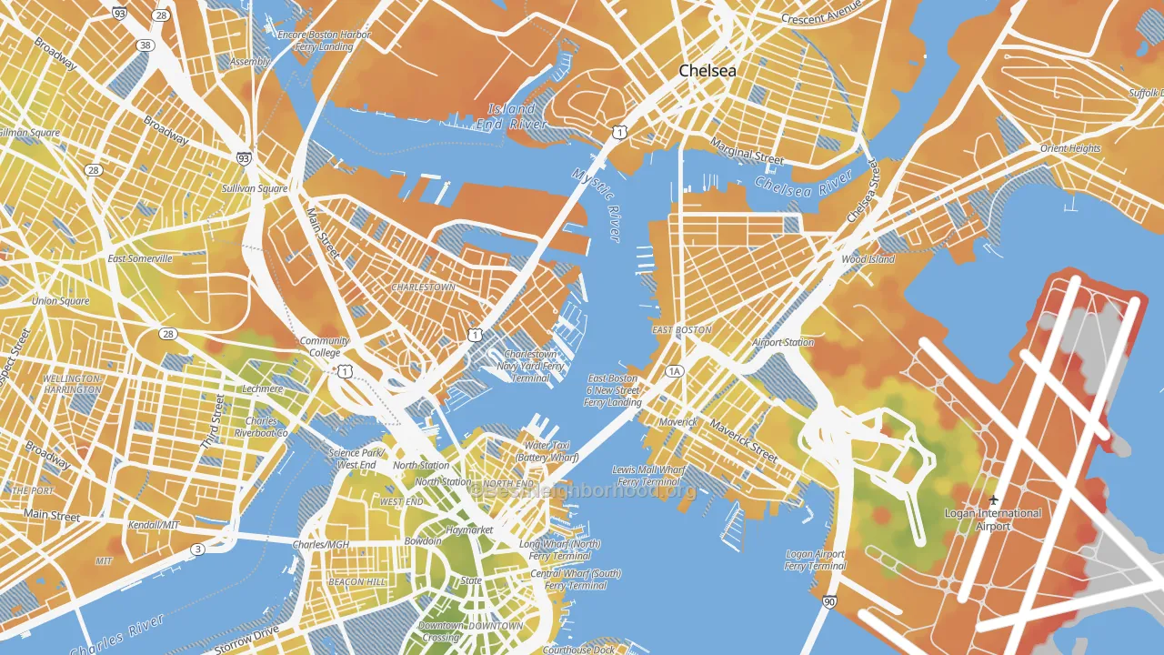 Transit Grade map of Waterfront, Boston, MA