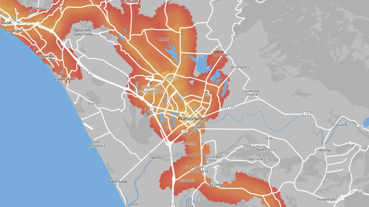 Transit Grade map of Watsonville, CA