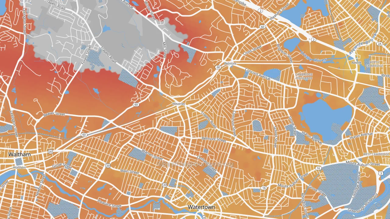 Transit Grade map of Waverley Square, Belmont, MA