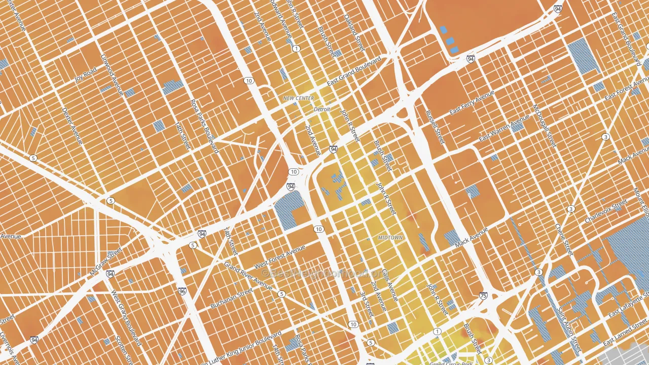 Transit Grade map of Wayne State, Detroit, MI