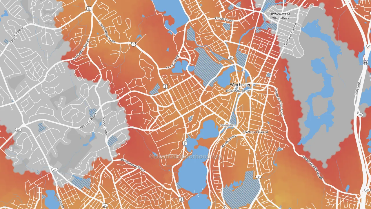 Transit Grade map of Wedgemere Historic District, Winchester, MA
