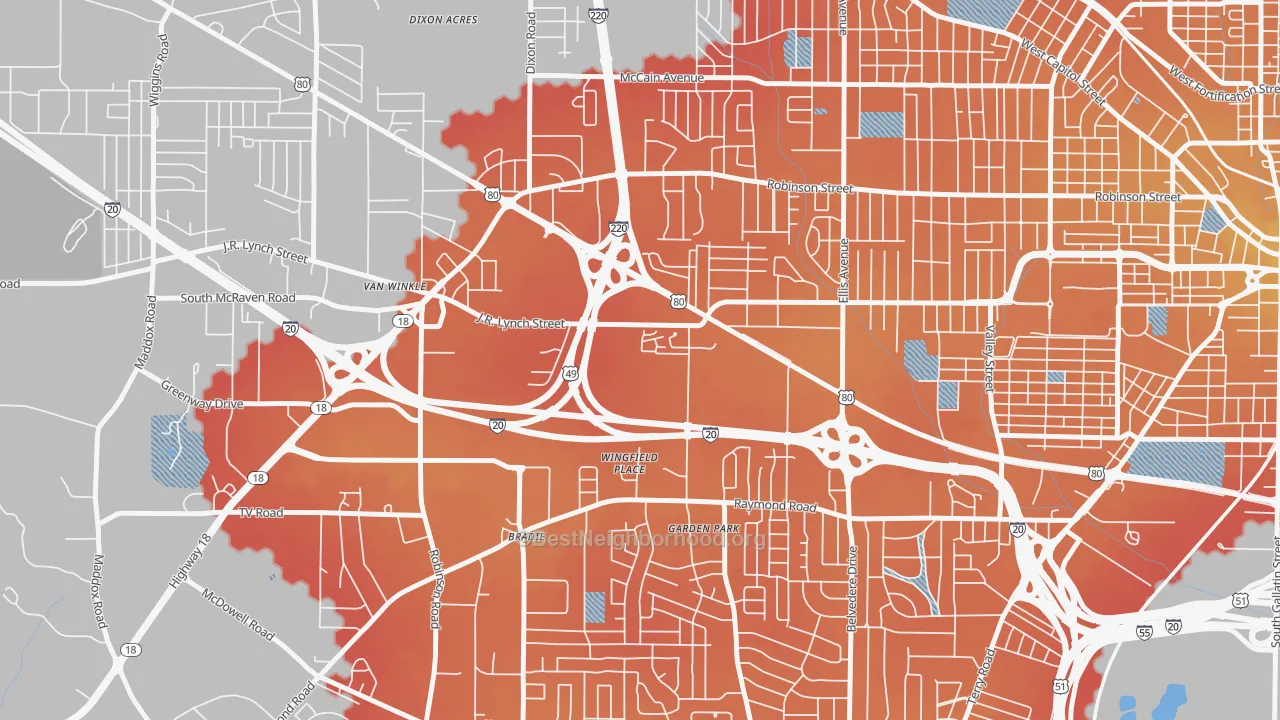 Transit Grade map of West Central Jackson, Jackson, MS