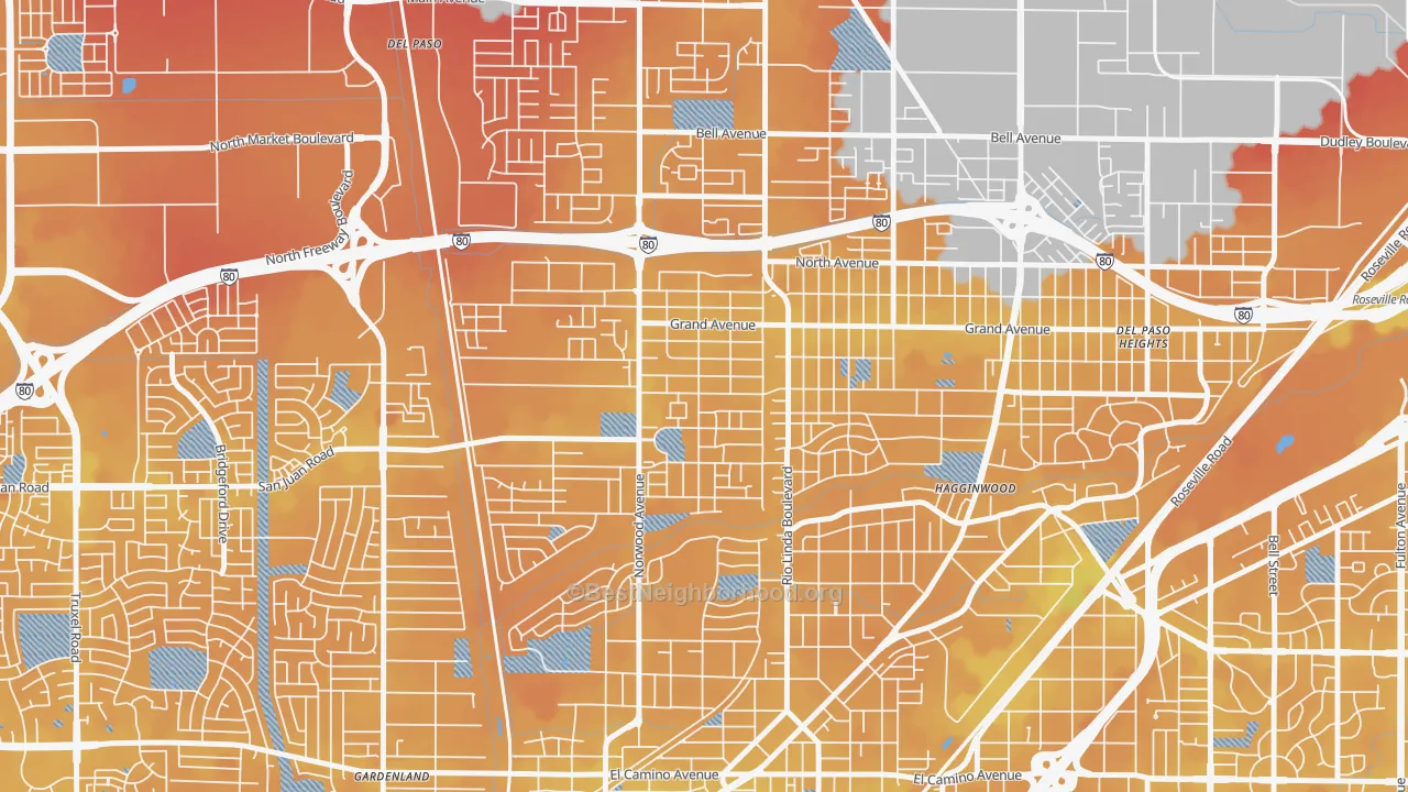 Transit Grade map of West del Paso Heights, Sacramento, CA
