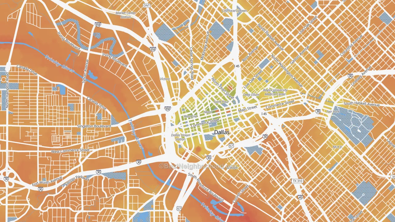 Transit Grade map of West End Historic District, Dallas, TX