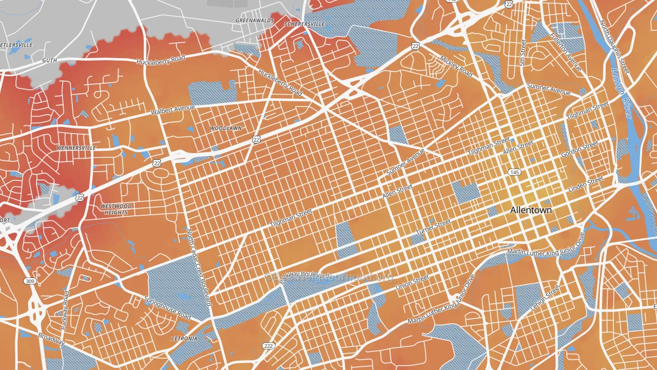 Transit Grade map of West End Theatre District, Allentown, PA