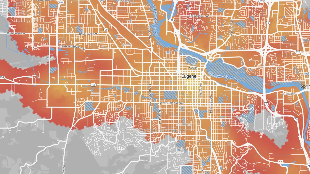Transit Grade map of West Eugene, Eugene, OR
