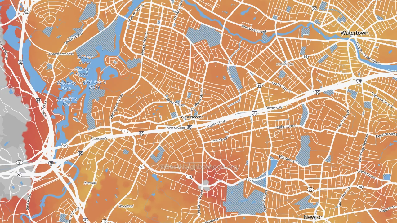 Transit Grade map of West Newton, Newton, MA