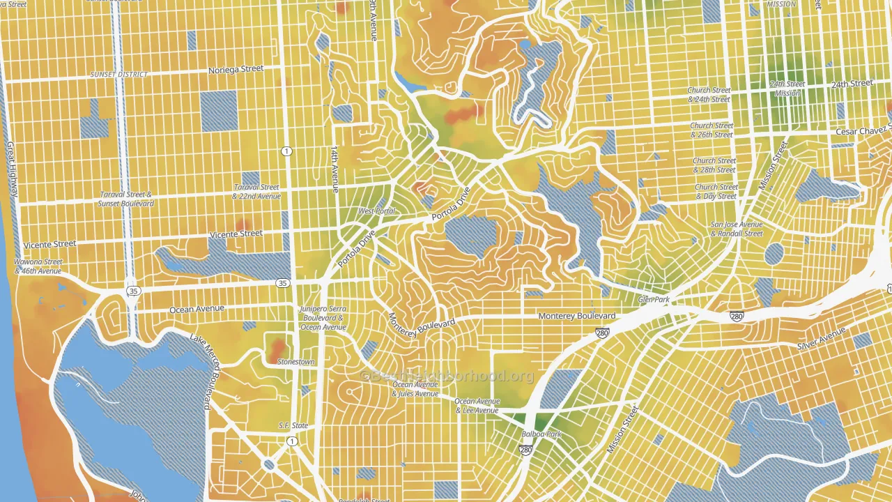 Transit Grade map of West of Twin Peaks, San Francisco, CA