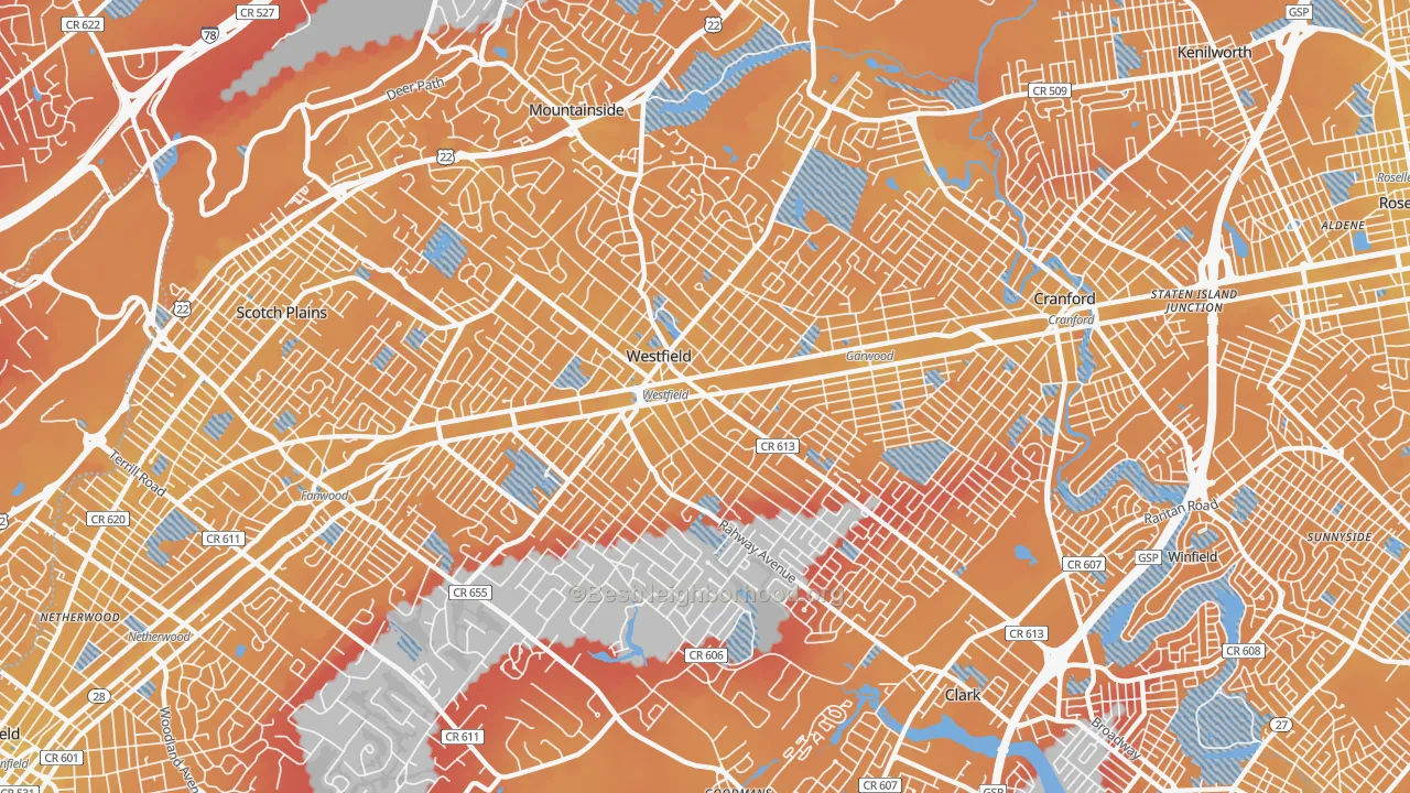Transit Grade map of Westfield, NJ