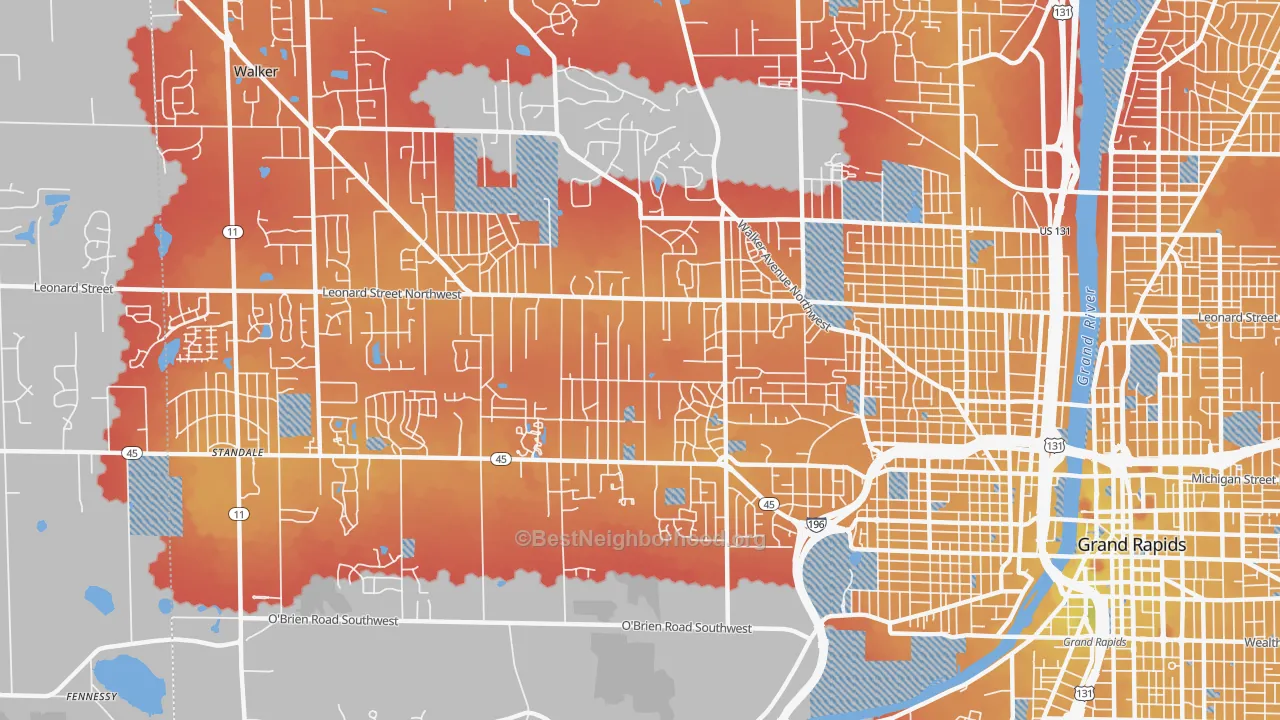 Transit Grade map of Westside, Grand Rapids, MI