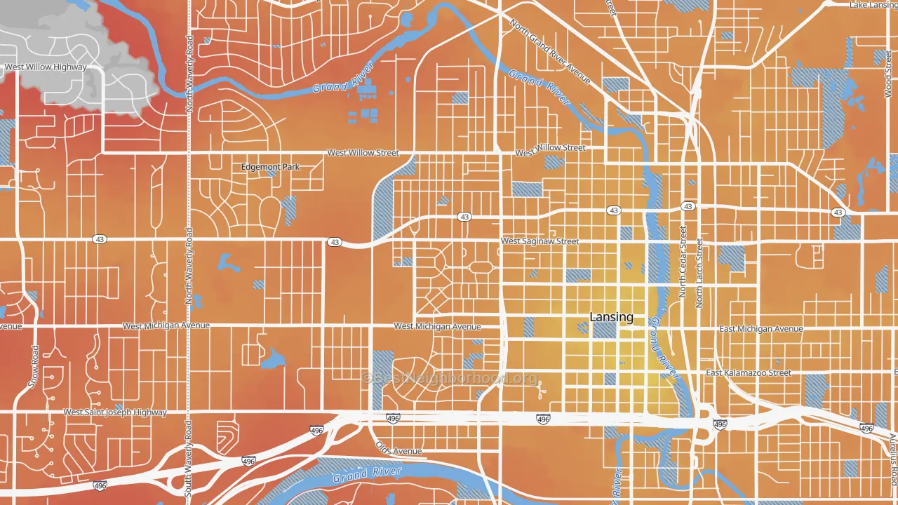 Transit Grade map of Westside Lansing, Lansing, MI