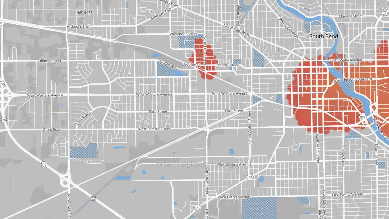 Transit Grade map of Westside, South Bend, IN