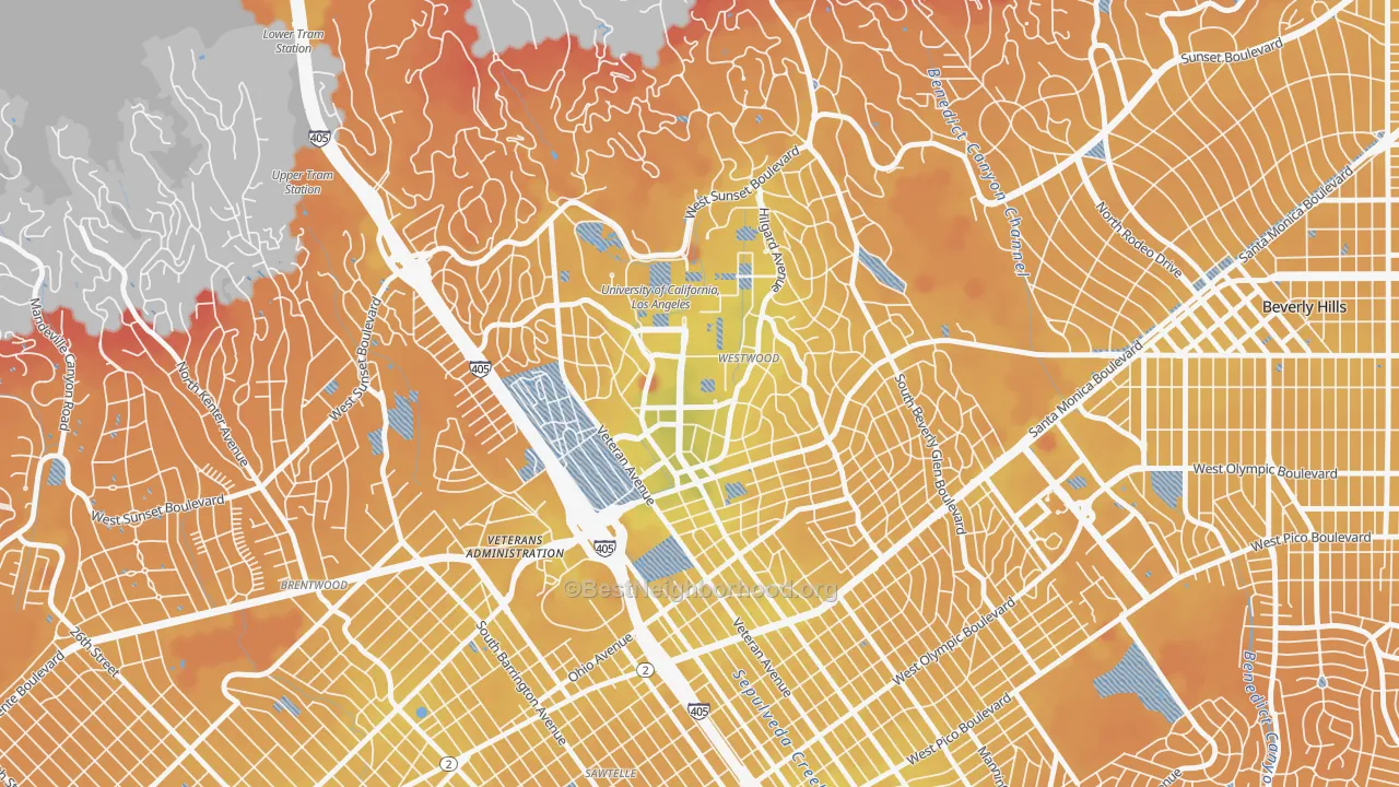 Transit Grade map of Westwood, Los Angeles, CA
