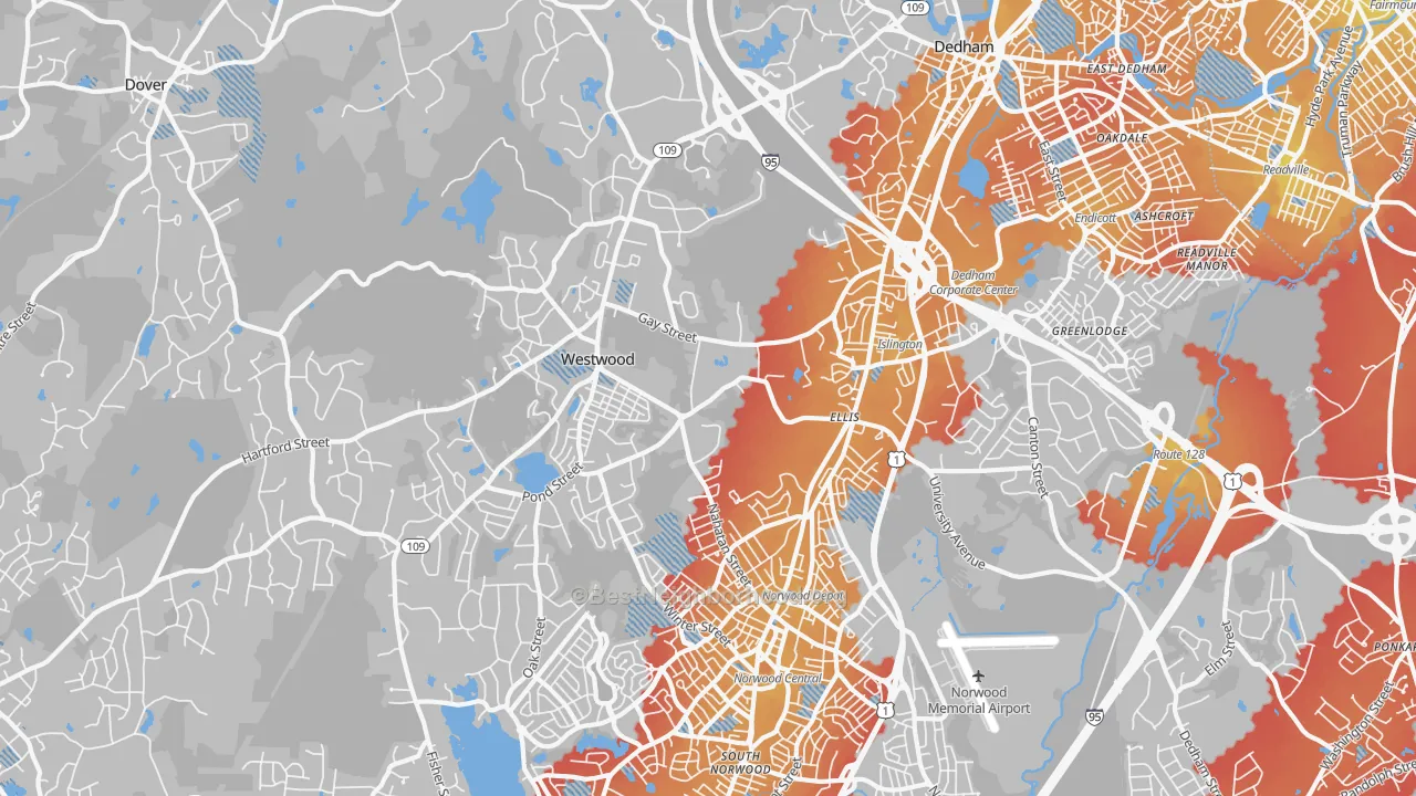 Transit Grade map of Westwood, MA
