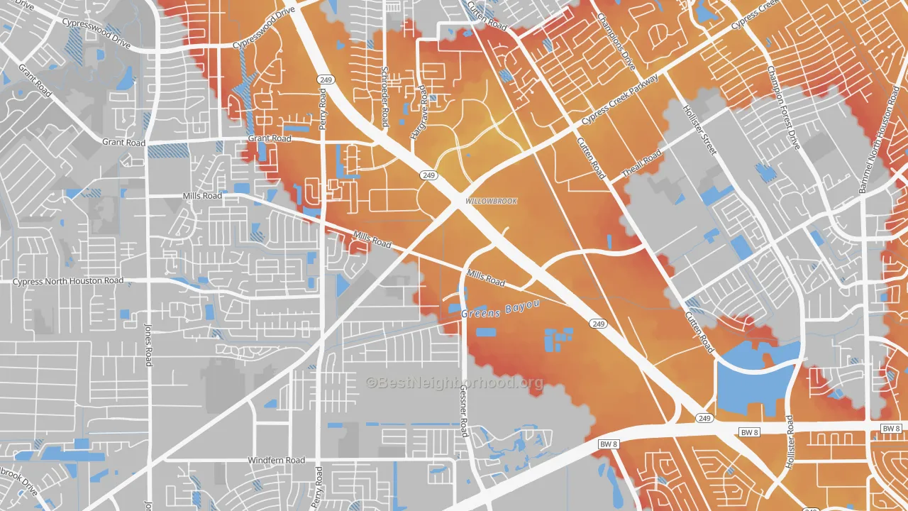 Transit Grade map of Willowbrook, Houston, TX