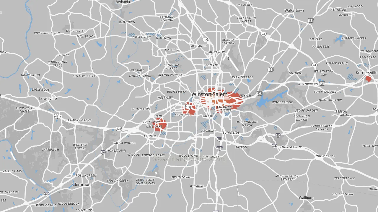 Transit Grade map of Winston-Salem, NC