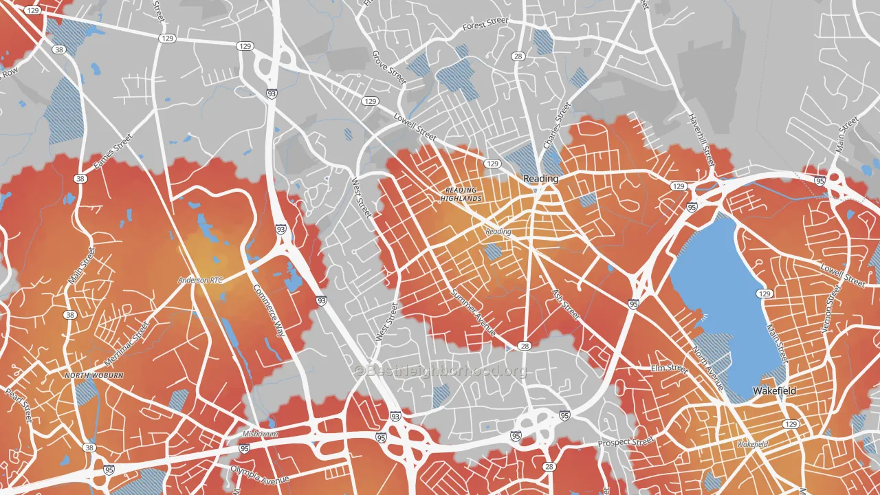 Transit Grade map of Woburn Street Historic District, Reading, MA