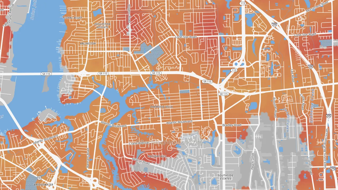 Transit Grade map of Woodland Acres, Jacksonville, FL
