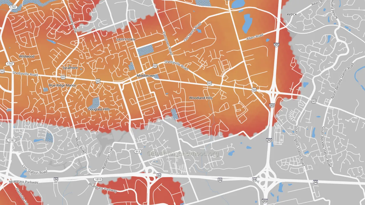 Transit Grade map of Woodland Hills, KY