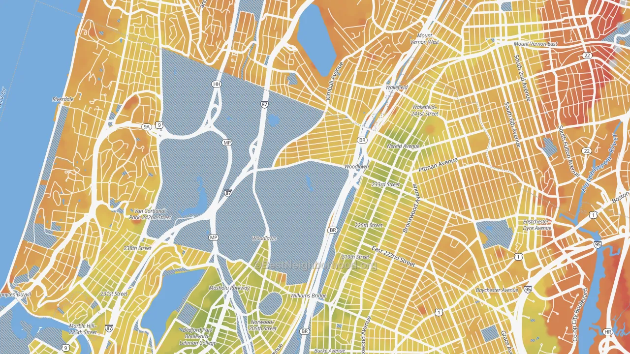 Transit Grade map of Woodlawn, Bronx, NY