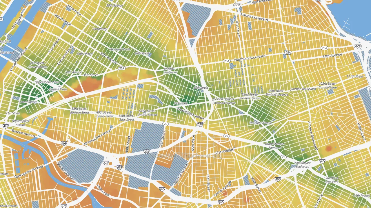 Transit Grade map of Woodside, Queens, NY