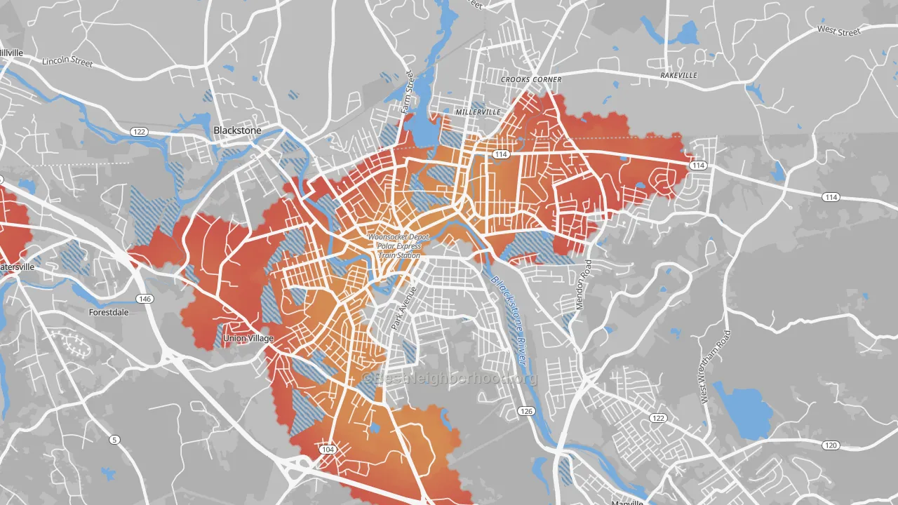 Transit Grade map of Woonsocket, RI