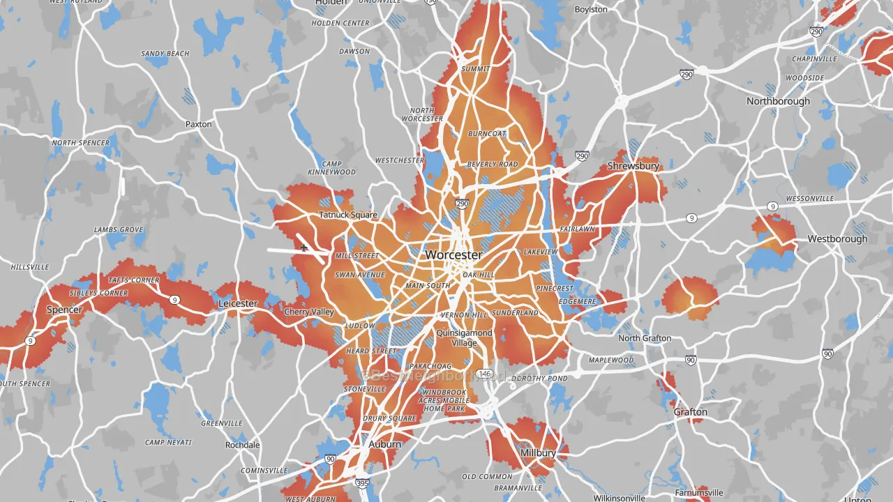 Transit Grade map of Worcester, MA