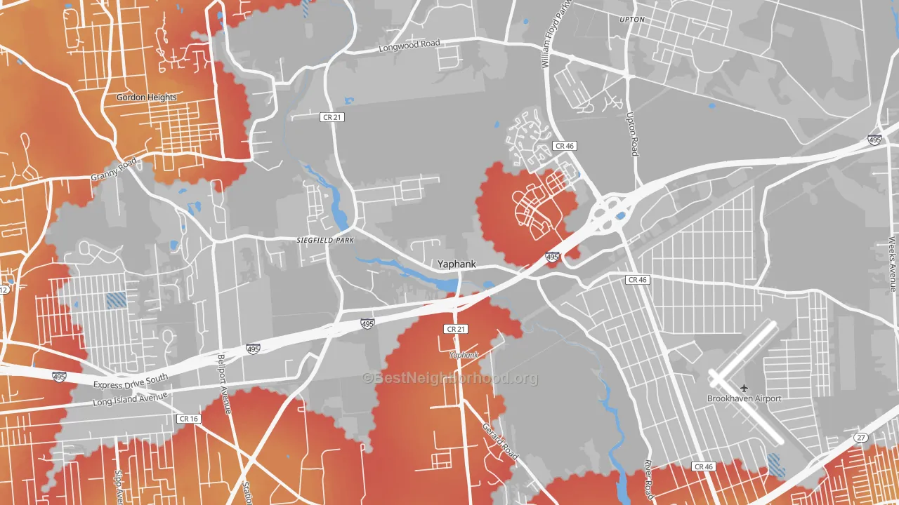 Transit Grade map of Yaphank, NY