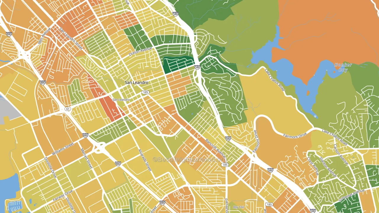 Assumption Parish, San Leandro, CA block-group voter-turnout map