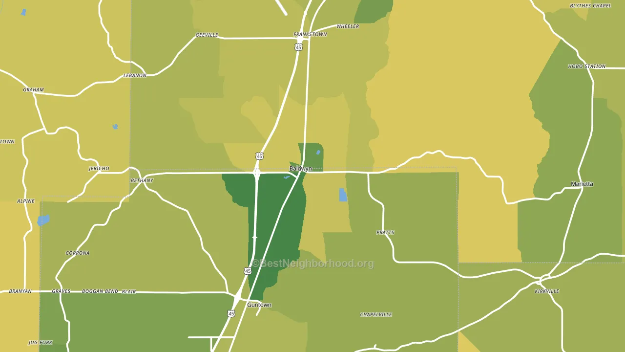 Baldwyn, MS block-group voter-turnout map