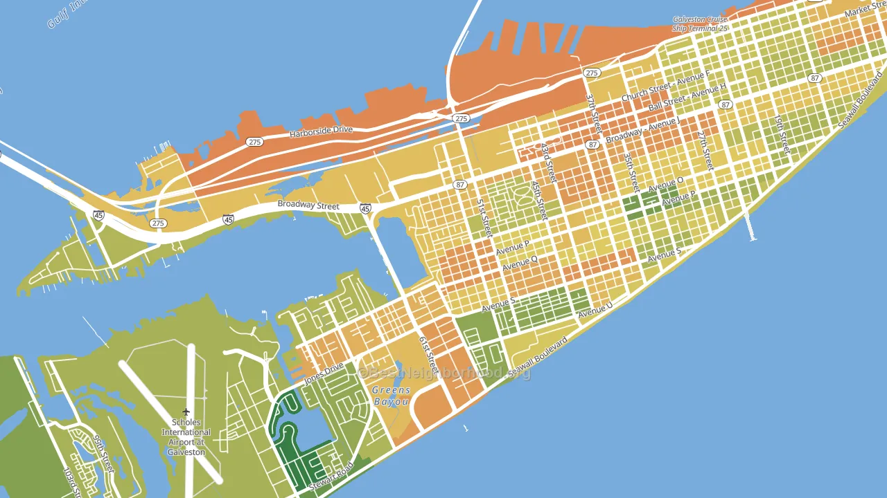 Bayou Shore, Galveston, TX block-group voter-turnout map